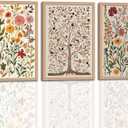 3pcs Neutral Framed Wildflower Wall Art Tree of Life with Birds Poster Colorful Floral Wall Decor Vintage Flower Art Prints for Living Room Bedroom Bathroom 16x24 In