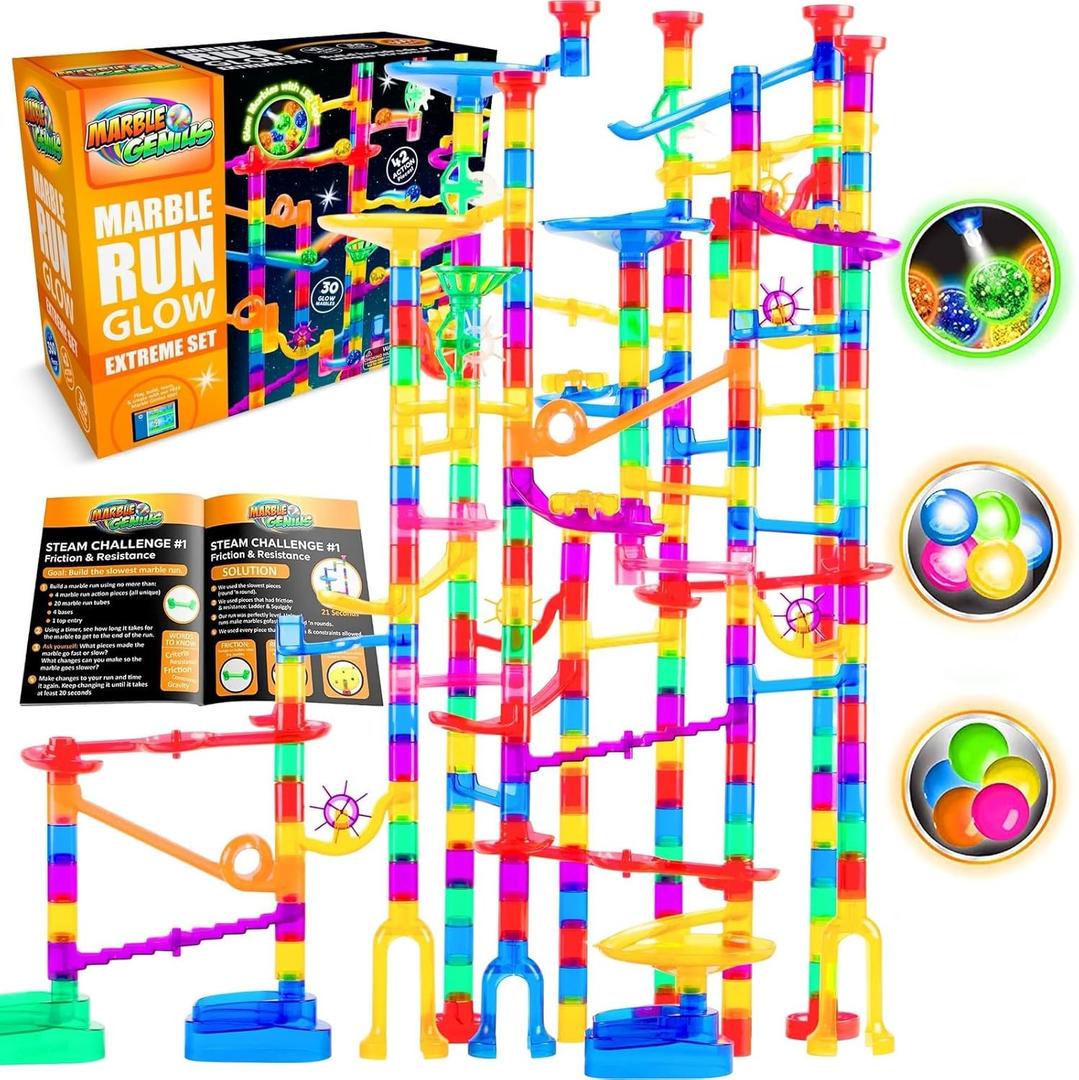 Marble Genius 300 pcs Glow Marble Run Track Race Extreme Set for Kids Age 4+, Glow in The Dark, STEM Educational Building Block, Color Instruction Manual, Easter Gifts for Kids