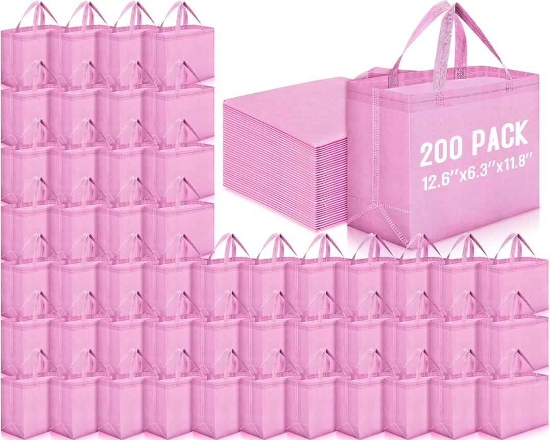 Windyun Reusable Grocery Bags Large Non Woven Shopping Bags Foldable Portable Tote Carryall Bulk (12.6 x 11.8 x 6.3 Inches, Pink)