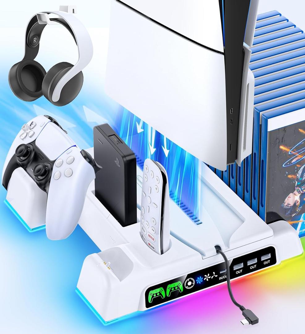 Cooling Stand for PS5/ Slim/Pro Disc & Digital Console, PS5 Cooling Station with Dual Controller Charging Station for PlayStation 5 Console, 3-Level Cooling Fan & Controller Charger Dock Accessories (White)