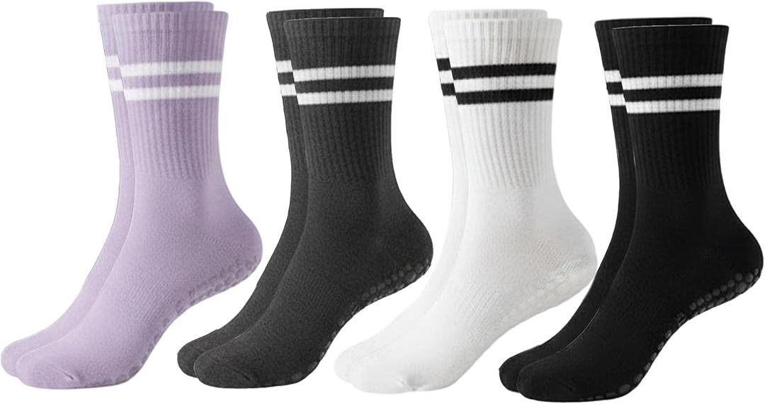 Women's-Pilates-Socks with Non-Slip Grips,Yoga Barre Socks for Gym, 4 Pairs Sticky Crew Athletic Socks