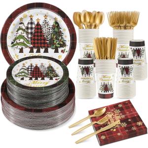 350 Pcs Christmas Paper Plates and Napkins Set, Buffalo Plaid Xmas Tree Disposable Dinnerware Set Holiday Party Plates for Xmas Winter New Year Holiday