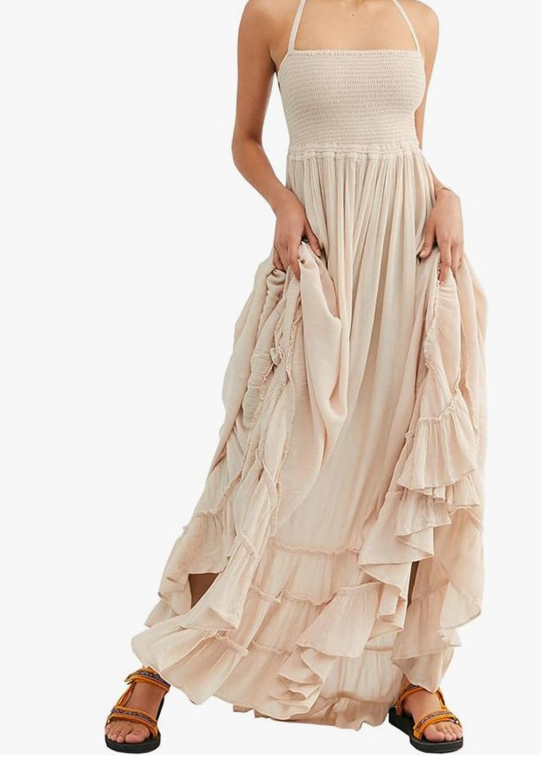 Womens Summer Boho Sexy Backless Long Dresses Medium Peach