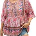 WDIRARA Women's Plus Size Boho Floral Print Ruffle Hem Blouse Tie Front 3/4 Sleeve Peplum Top (Large Plus, Pink)
