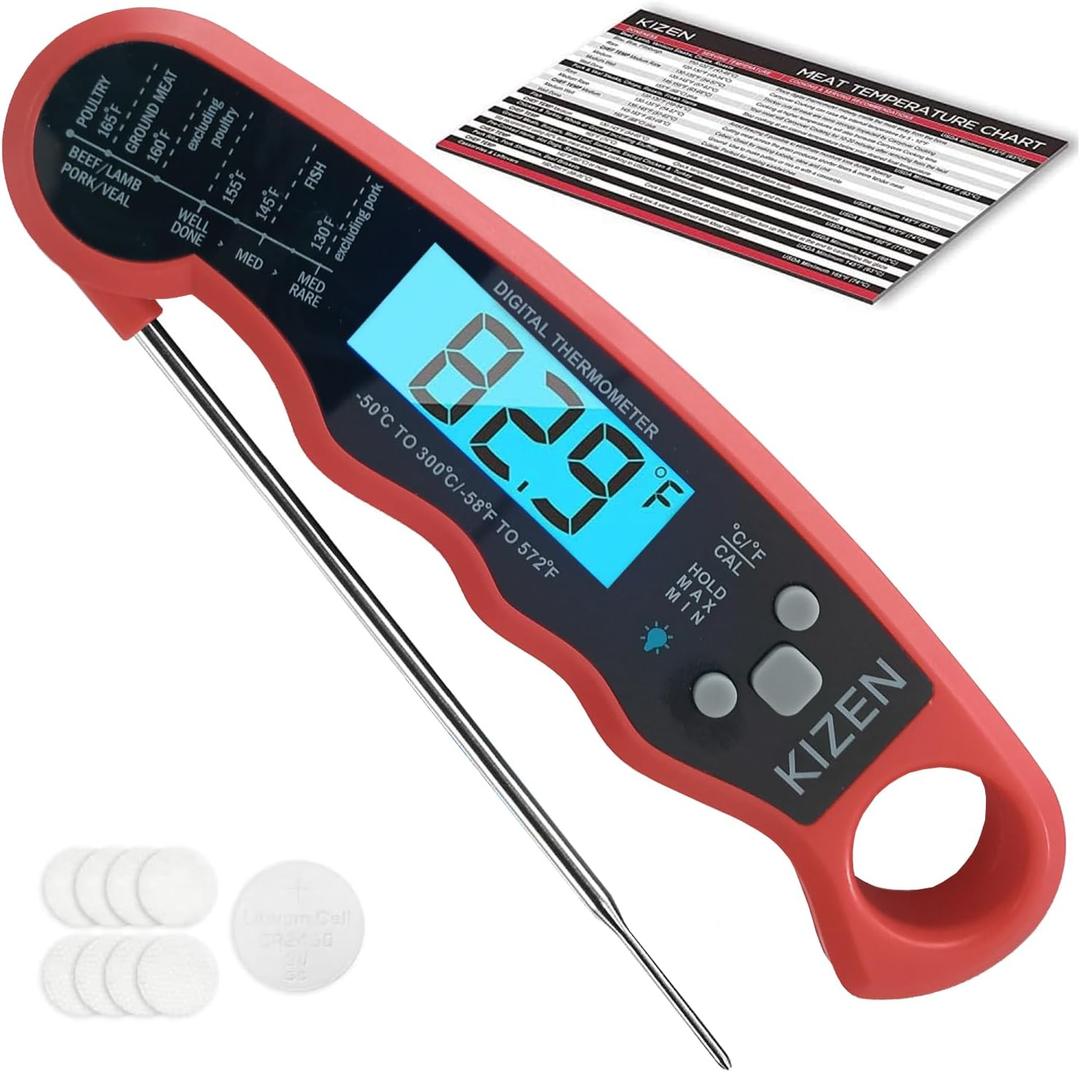 KIZEN Instant Read Meat Thermometer Digital - Food Thermometer for Cooking, Grill, Oven, BBQ - Waterproof and Backlit Display (Red/Black)