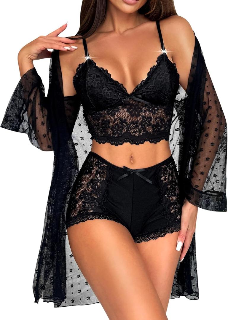 RSLOVE Women Sexy Lingerie Set - 3 Piece Lace Bra and Panty Sets with Mesh Kimono Robe Nightgown Sleepwear (XX-Large, Black)