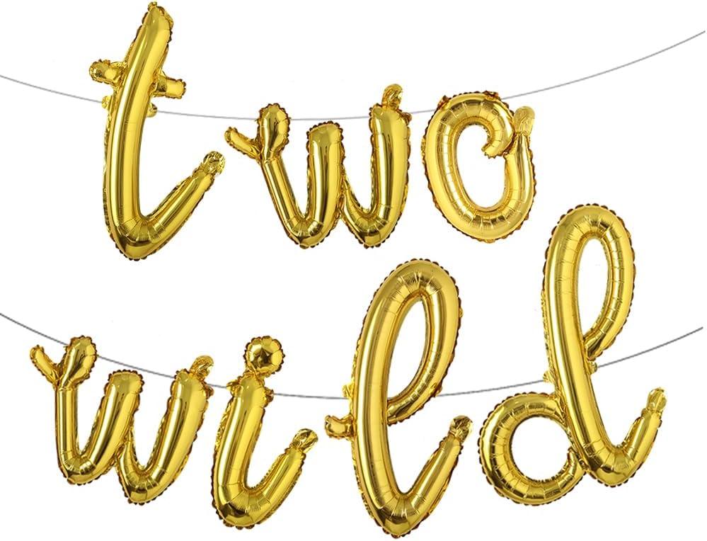 16 inch Multicolor Two Wild Balloons Banner for Boys Girls 2nd Birthday Jungle Safari Theme baby shower Party Supplies Decorations (L TWO WILD Gold)