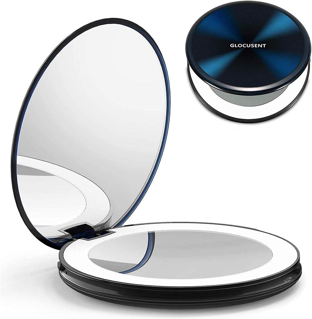 GLOLUSENT Lighted Travel Makeup Mirror, 1x/10x Magnification, Compact, Portable for Handbag, Purse, Pocket, 3.5 inch Illuminated, Folding, Handheld, 2-Sided, Round, Dark Blue