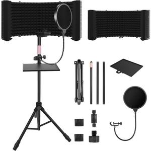6-Panel Microphone Isolation Shield with Adjustable Stand Foldable Soundproof Vocal Booth for Recording,Podcasting, Streaming, Singing, YouTube Videos