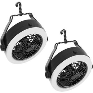 2-in-1 Camping Lantern with Fan Set - Set of 2 Portable Camping Lights with 12 Bright LED Bulbs, USB, and Rechargeable Battery by Wakeman (7.5", Black)