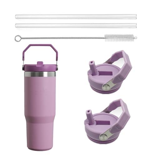 2Pack Replacement Tumbler Lid Fit for Stanley IceFlow 30 oz(Only) Flip Straw Lid, with 2Pcs Reusable Straws,1Pcs Cleaning Brush (Purple)