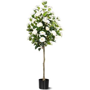5FT Artificial Camellia Tree, Artificial Plants Outdoor Faux Floral Plant in Cement Pot Fake Silk Camellia Tree Plants for Home House Living Room Office Decor