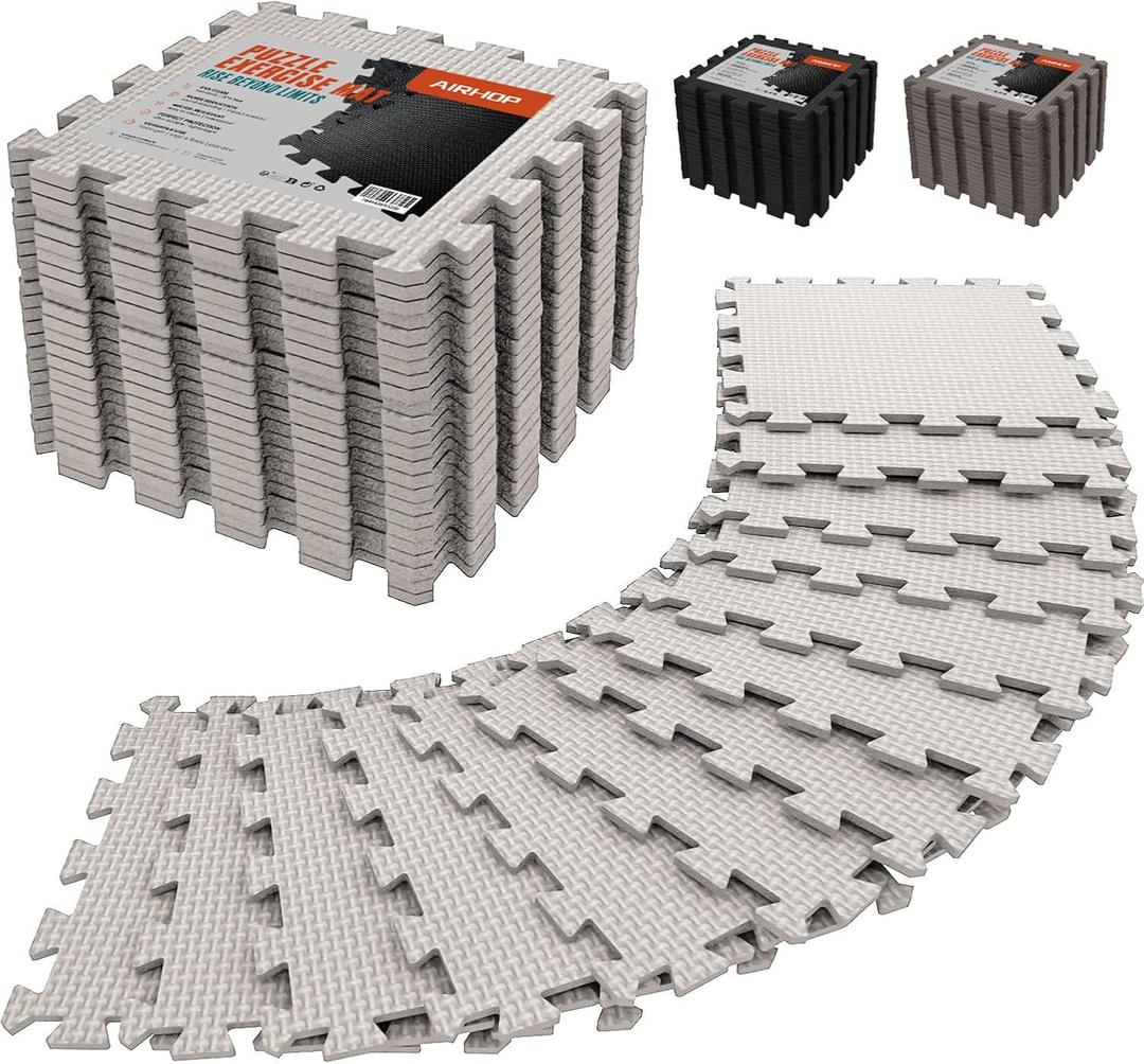 AIRHOP 12x12In Thick 18 Tiles Gym Floor Mat, High-Density EVA Foam Puzzle Gym Mat, Interlocking Foam Floor Tiles for Home Gym Exercise Equipment, Play Workout Garage Kitchen Flooring (Beige)