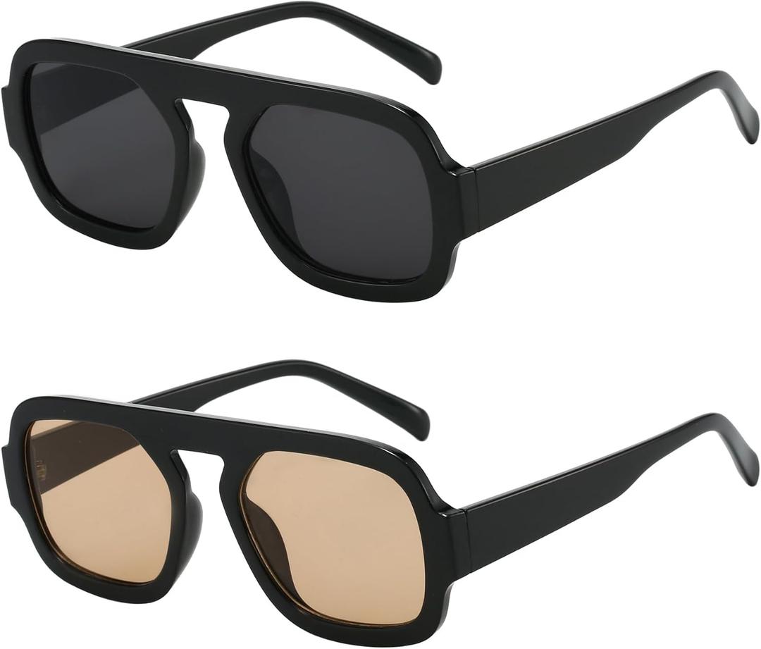 Trendy Square Aviator Sunglasses for Women Flat Top Designer Stylish Frame Sun Glasses Vintage Shades ((2 Pack) Black/Grey+black/Light Brown)