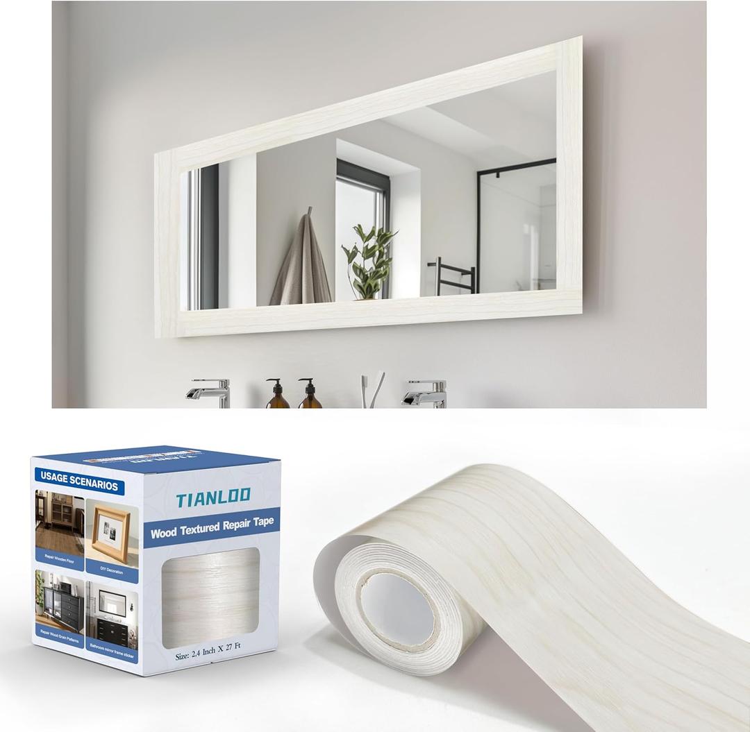 TIANLDD 27 FT Wood Grain Wallpaper Border, Removable Waterproof Mirror Border Peel and Stick,Bathroom Mirror Frame Border.(White Oak) (3.15 Inch x 27 Ft)