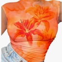 Women's Y2K Floral Graphic Ruched Tank Top Mock Neck Sleeveless Fitted Crop Tops,Orange, Large 