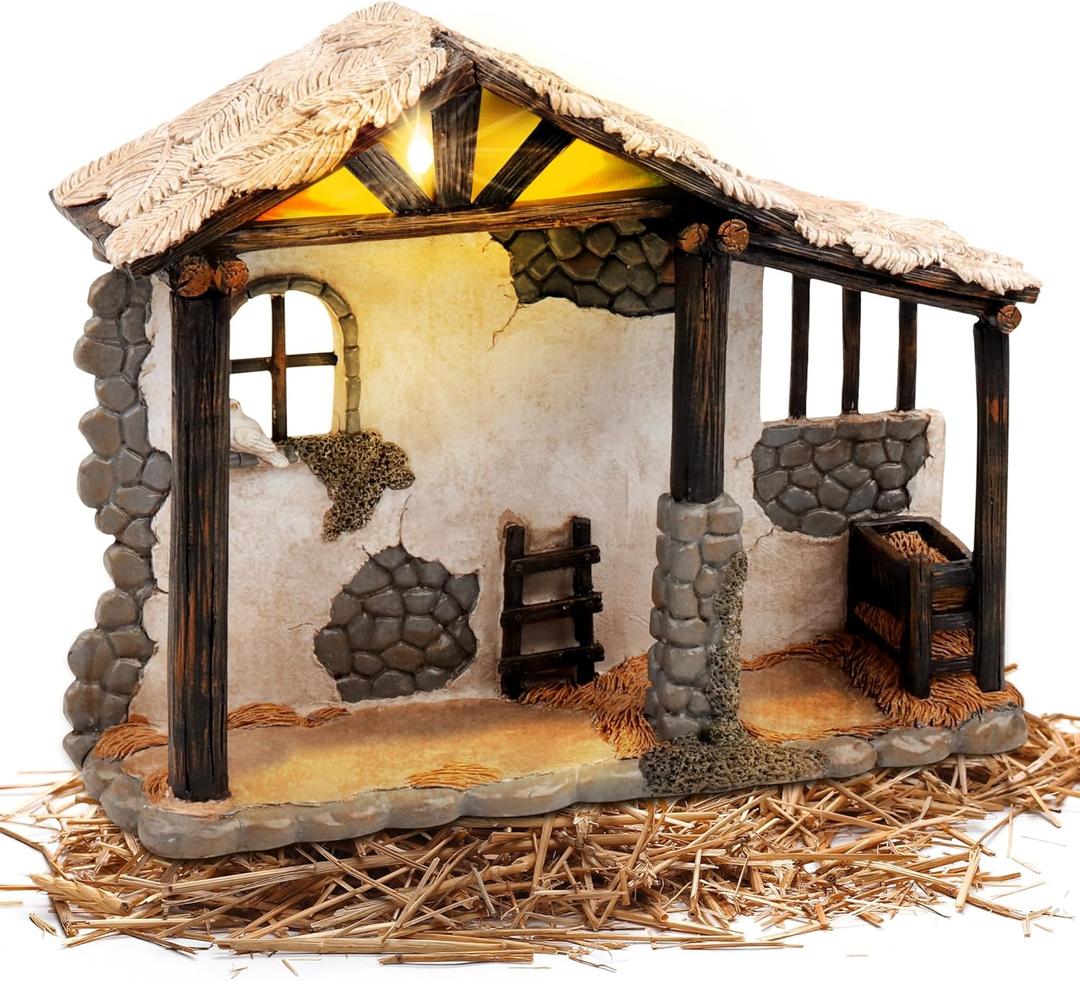 Fovths 14 Inch Decorated Nativity Stable Lighted Tabletop Ornaments with LED Lights for Christmas