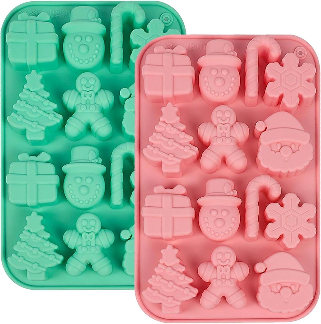 2PCS Christmas Silicone Cake Molds, 3D Christmas Chocolate Candy Molds, Snowflake Gingerbread Xmas Tree Cane Santa Snowman Shapes Baking Molds for DIY Candy Soap Jelly Ice Cube Tray Cake Topper
