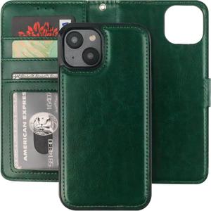 Bocasal Detachable Wallet Case for iPhone 14 RFID Blocking Card Slots Holder Premium PU Leather Magnetic Kickstand Shockproof Wrist Strap Removable Flip Protective Cover 5G 6.1 inch (Green)
