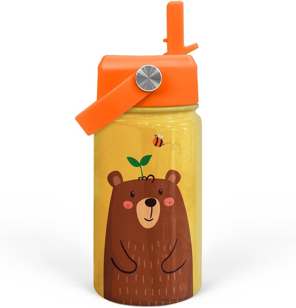 Bear Water Bottle - Kids Water Bottle with Straw Lid - 12 Oz Insulated Stainless Steel Water Bottles for Kid Boys - Travel Cup for School Sports
