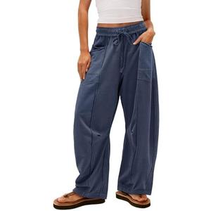 Yanekop Womens Baggy Wide Leg Pants Casual Summer Palazzo Pants Drawstring Waist Lounge Pants with Pockets(Navy Blue, XL)