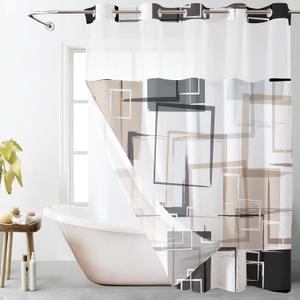 HVEST No Hook Shower Curtain with Snap in Liner, Tan Black and Gray Abstract Geometric Shower Curtain and Liner Set, Washable Hotel Style Modern Minimalist Bathroom Decor, 71x74Inch