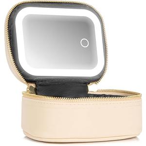 Mini Makeup Bag with Led Mirror, Small Travel Make up Bag 3 Light Modes Adjustable Brightness, for Women Organizer Cosmetic Bag, Portable Travel Train Toiletry Bag, for Pool Parties Work Touch-Ups 