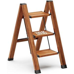 MIDOLI 3 Step Ladder Folding Step Stool with Anti-Slip Sturdy and Wide Pedal, Lightweight 330lbs Portable Aluminum Woodgrain Shelf for Household and Kitchen Space Saving