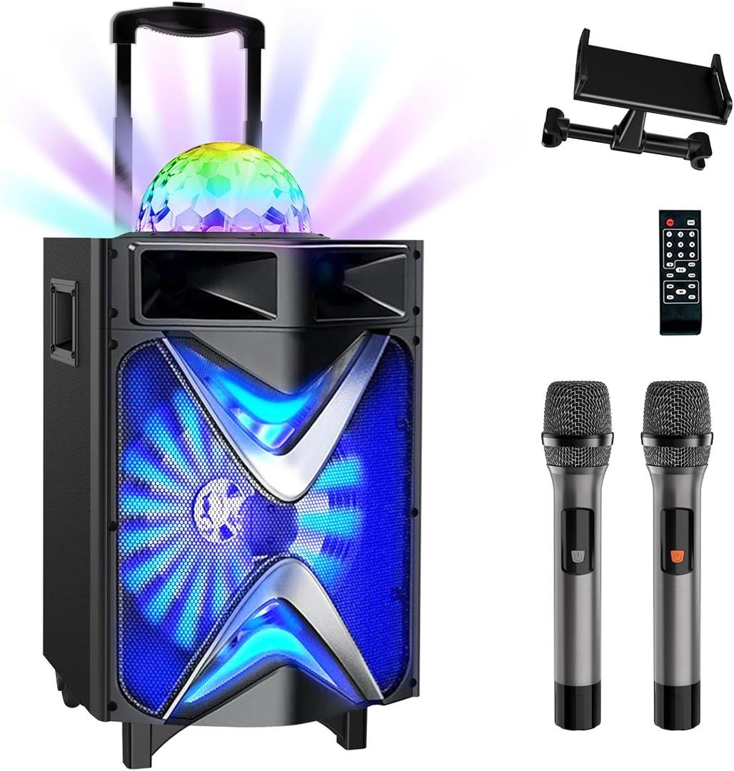 VeGue Karaoke Machine for Adults & Kids, Bluetooth Speaker PA System with 2 Wireless Microphones, 10'' Subwoofer, Disco Ball LED Light, Singing Machine for Home Karaoke, Party, Church (VS-1088)