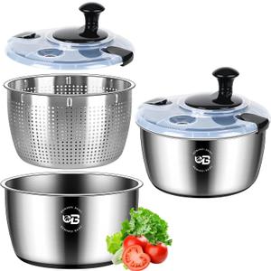 5.3 Qt Stainless Steel Salad Spinner, BOMANSI BOMS Vegetable Spinners, Lettuce Spinner, Fruit Washer, Large Salad Spinners, Dishwasher Safe, 304 Stainless Steel Bowl & Basket