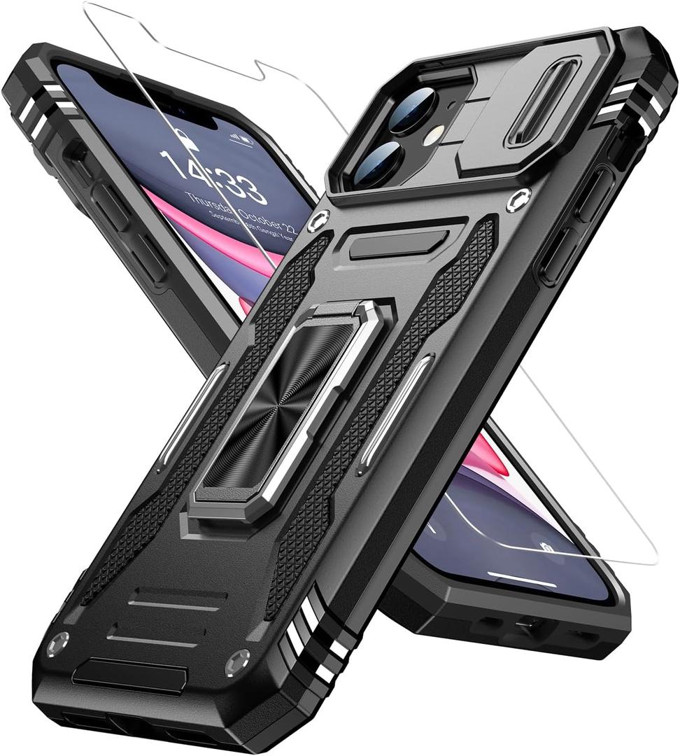 2 x Goodon for iPhone 11 Case with Sliding Camera Cover + Screen Protector - Metal Magnetic Kickstand - Military-Grade Shockproof Matte Protective Phone Cover 6.1" for Men Women Girls - Black
