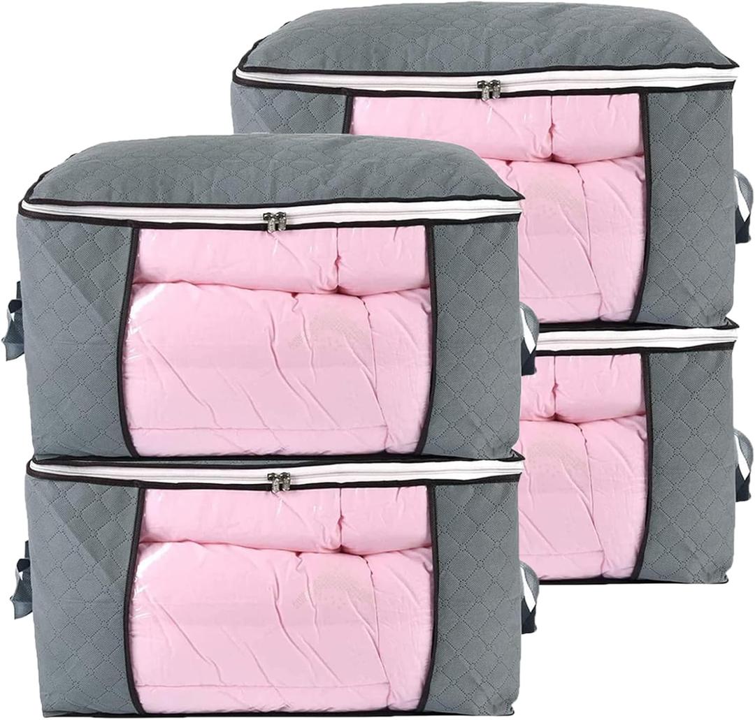 combocube Comforter Storage Bag, Zippered Bag with Large Clear Window and Carry Handles, Space Saver Organizers for Closet, Blanket, Pillow, Quilt, Bedding, Clothes (4Pcs Grey Large)