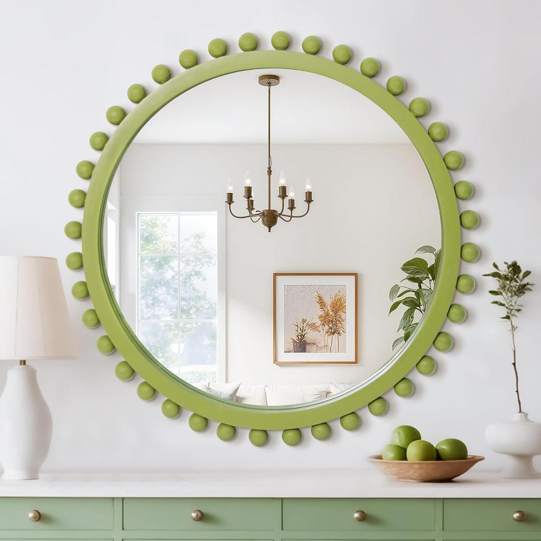 Wood Round Mirror with Wood Beads, 24 inch Circle Wall Mirror for Living Room Wall Decor, Bathroom, Entryway, Bedroom, Farmhouse & Boho Style Home Decor(Green)