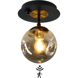 Motion Sensor Light Indoor 1-Light Mini Glass Globe Ceiling Light Fixture Modern Black Semi Flush Mount Light for Hallway Entryway Porch Stairway Closet