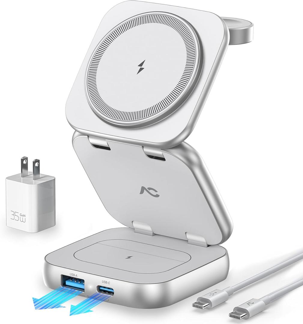 5-in-1 Wireless Charger for MagSafe, AC ISLAND Portable Travel Charging Station, 15W Max Fast Foldable Magnetic Stand, Evolved for iPhone 16/15/14/13 Series, Apple Watch, AirPods (with 35W Adapter) (Silver)