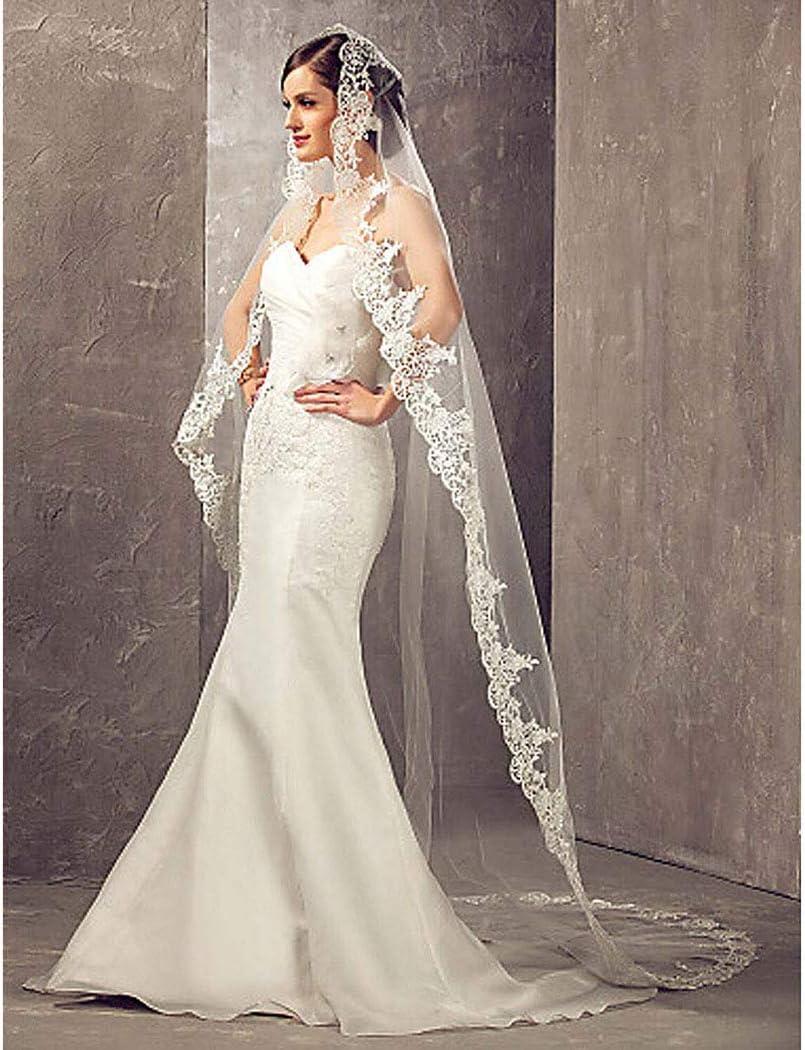 Aukmla Wedding Bridal Veils Long Veil with Lace and Metal Comb at the Edge Cathedral Length, lace-C