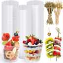 50 Set 7oz Plastic Charcuterie Cup with 200 Cocktail Sticks Disposable Wine Cup Dessert Tasting Cups Clear Appetizer Cups for 2025 Graduation Party Wedding Events