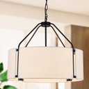 Drum Chandeliers, Modern 23'' Farmhouse Pendant Light Fixture with White Linen Fabric Shade, Black Round Adjustable Hanging Lights for Dining Room Bedroom Kitchen Living Room Foyer Entryway