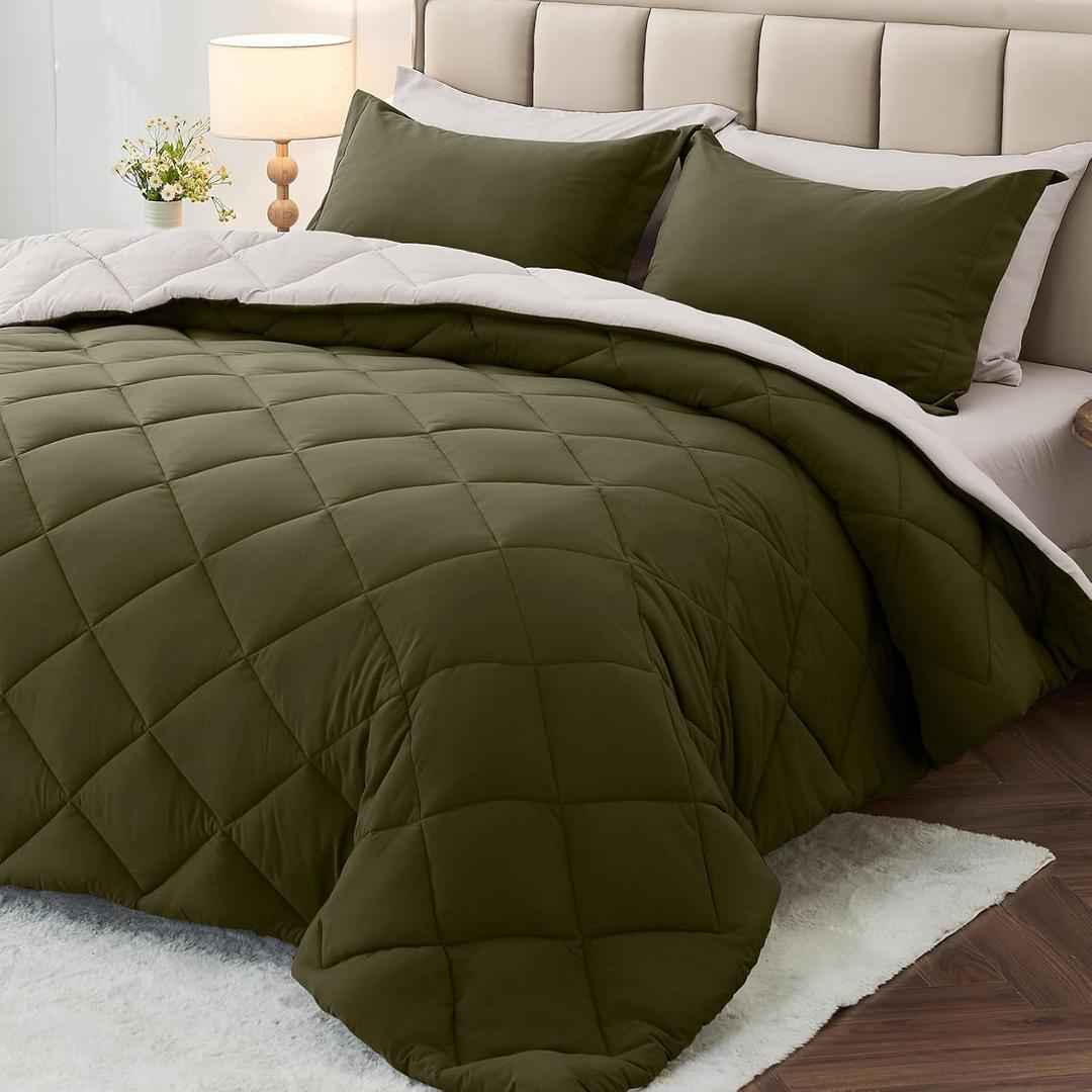 MUXHOMO 7 Pieces Queen Comforter Set, Reversible Bed in a Bag Queen Size, All Season Bedding Set with Comforter, Flat Sheet, Fitted Sheet, Pillowcases & Shams, Olive Green & Beige