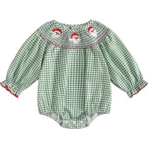 Honganda Newborn Baby Girl Christmas Outfit Plaid Smocked Bubble Romper Santa Claus Gingerbread Man Embroidery Xmas Clothes (6-12 Months)
