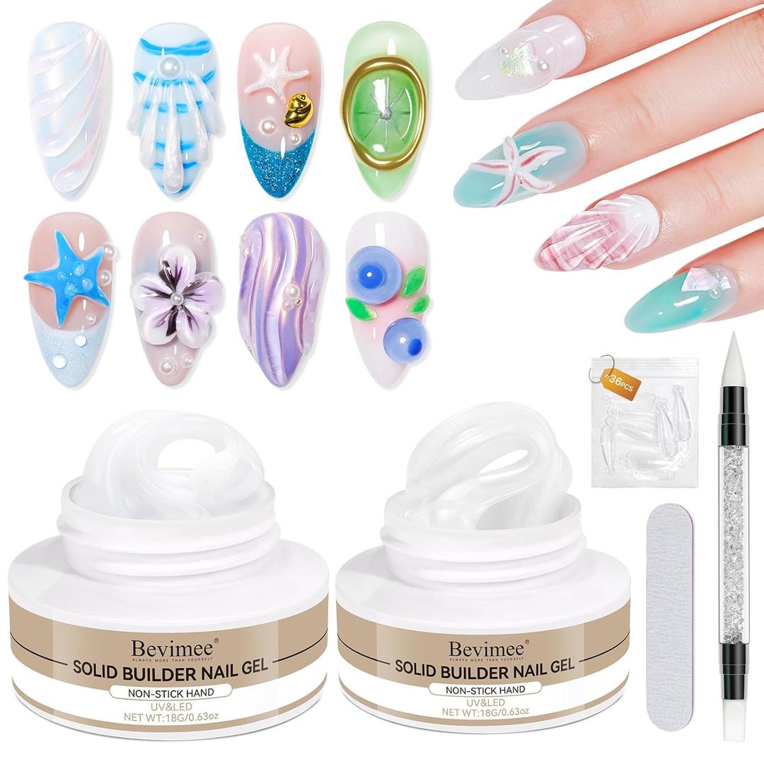 2PCS 3D Gel Nail Art Sculpting Gel, White & Pearl White Solid Builder Gels for Nails Non-Sticky Hand with Dual Form Silicone Pen Hard Gels for Extension Carving Manicure DIY at Home