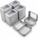 24 Pack Empty Rectangular Metal Storage Organizer Tins with Clear Window Hinged Lids for Small Items and Other Craft Projects (Silver, 3.9 x 2.8 x 0.8 inch)