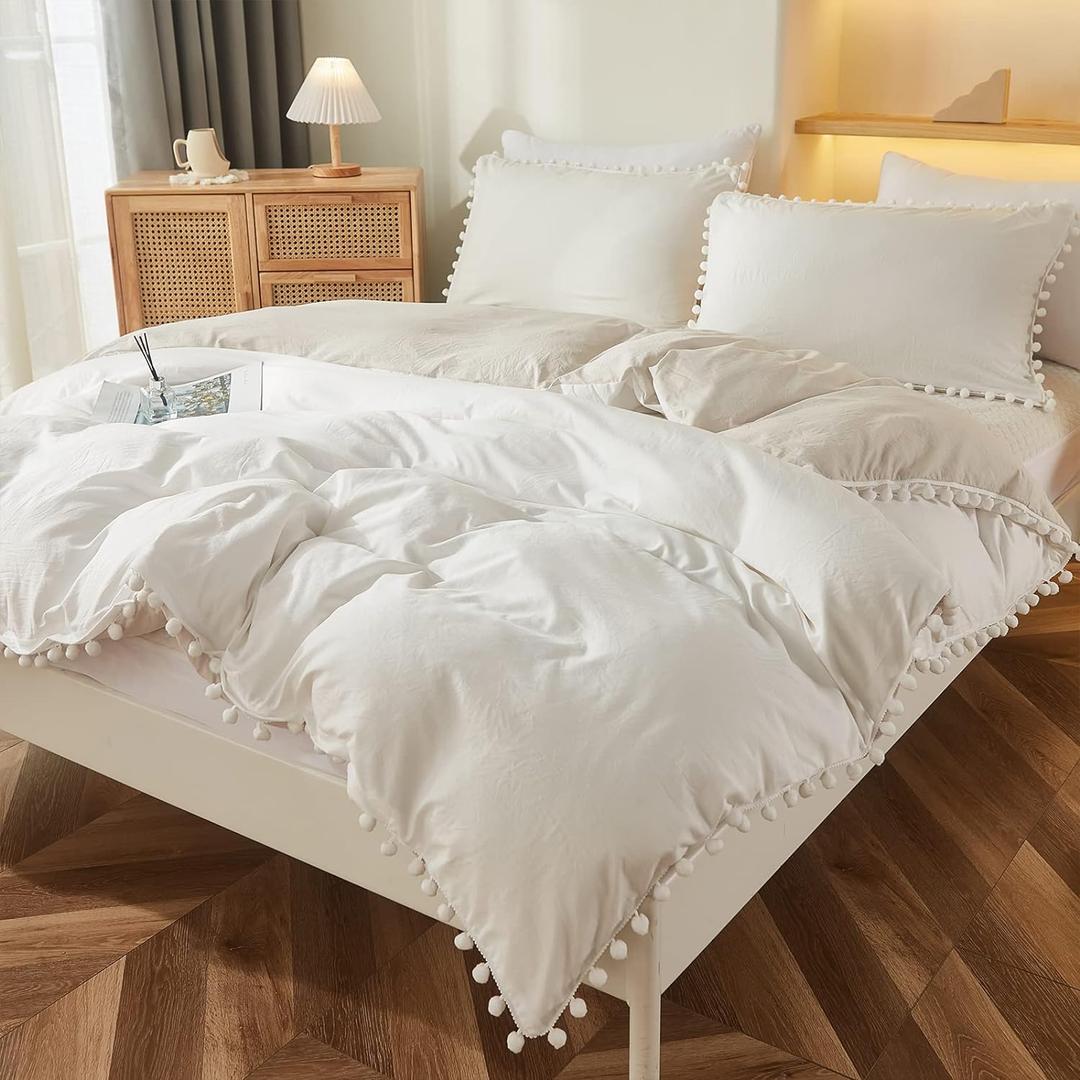 Bedbay Boho Queen Duvet Cover Pom Pom Comforter Cover Boys Girls Room Decor Aesthetic Ultra Soft Microfiber Bedding Queen Preppy Bedding White and Beige Reversible Quilt Cover(White & Beige, Queen)