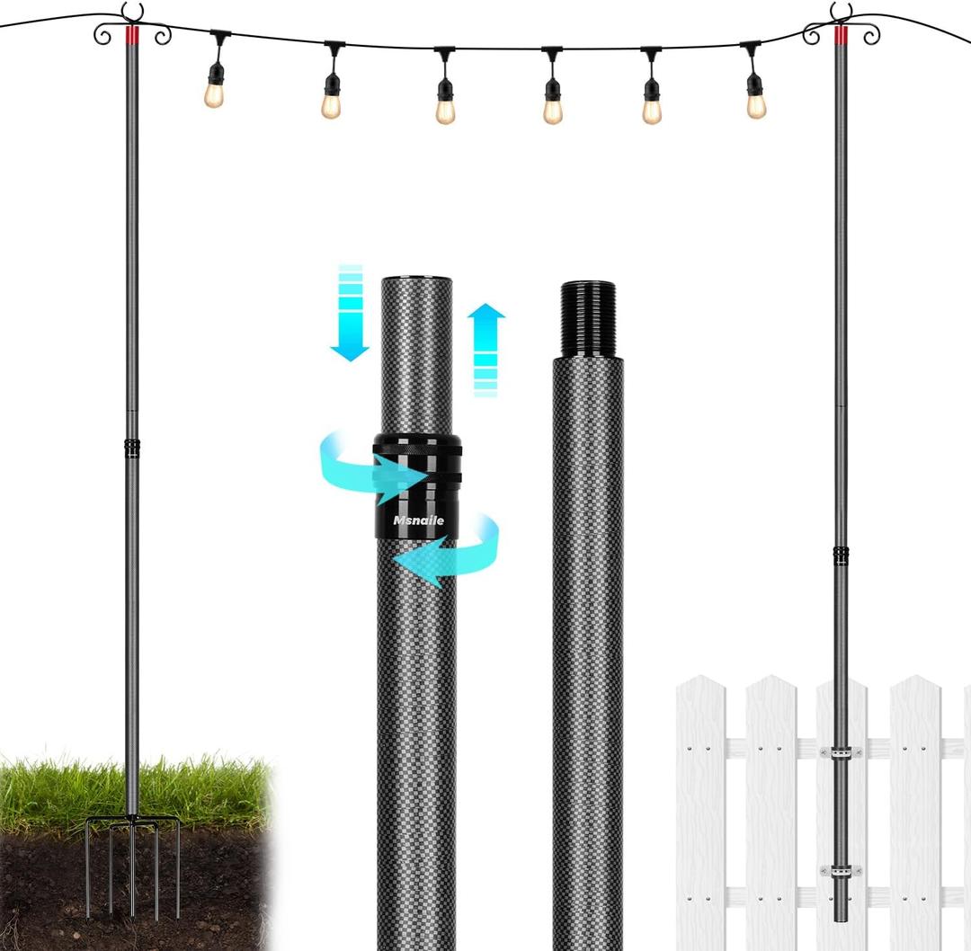 Carbon Fiber String Light Poles for Outside, Extends from 7 to 10FT Telescopic Outdoor Light Poles for String Lights, 2-Section Easily Setup Hanging Light Stand with Fork for Garden, 2 Pack