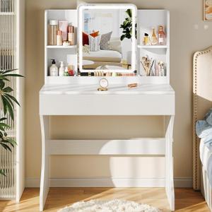 Driftalia Small Vanity Desk with Mirror and Lights, Makeup Vanity with Storage Drawer, 2 Shelves and 3 Compartments - White, 31.5" W x 15.67" D x 50.79" H