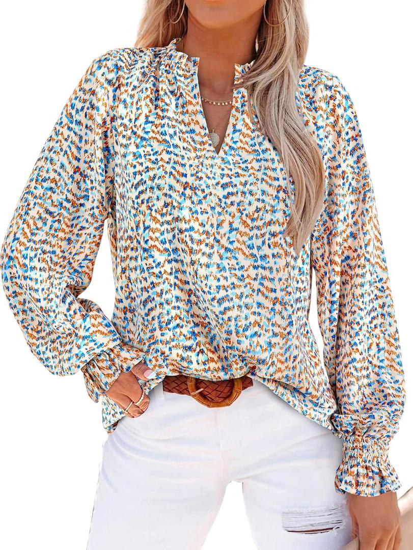 MASCOMODA Womens V Neck Floral Long Sleeve Tops 2026 Summer Casual Loose Puff Sleeve Chiffon Boho Work Blouse Dressy T Shirts (M)