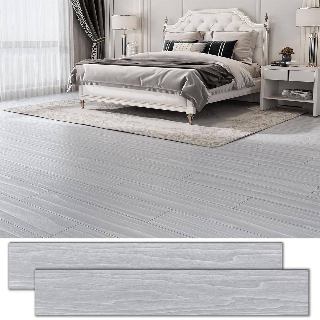 54 Sq.Ft. Peel and Stick Vinyl Floor Tiles 36" x 6" Wood Look Planks, 36 Pack Waterproof Self-Adhesive Flooring Tiles, DIY for Renter, Kitchen, Living Room, RV, Light Grey