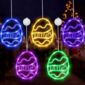 Capoda 5 Pack Easter Egg Window Lights Easter Window Hanging Lights with Suction Cup Battery Operated Multicolor Egg Shaped LED Decorations Signs for Home Indoor Outdoor Shop Party Decoration