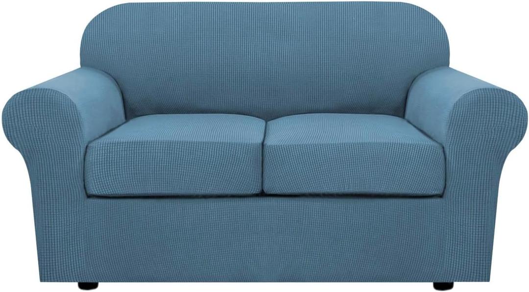 H.VERSAILTEX 3 Piece Stretch Sofa Covers for 2 Cushion Loveseat Couch Covers for Living Room Sofa Slipcovers (Base Cover Plus 2 Seat Cushion Covers) Thicker Jacquard Fabric(Medium Sofa, Dusty Blue)