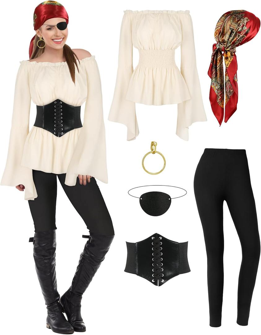 CICOCI Pirate Costume For Women With Accessories Renaissance Blouse Top Belt Headscarf Full Outfits (X-Large, Beige)